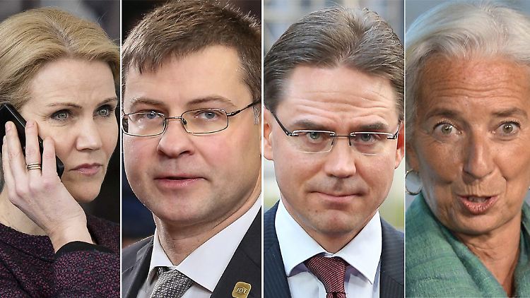 Von links: Enrico Letta, Helle Thorning-Schmidt, Valdis Dombrovskis, Jyrki Katainen, Christine Lagarde und Guy Verhofstadt.
