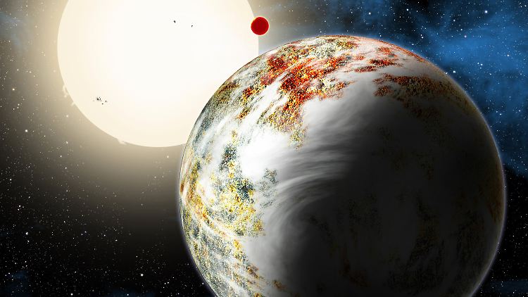 Computergrafik der neu entdeckten "Mega-Erde" Kepler-10c (vorn). Hinten  die "Lava-Welt" Kepler-10b. Beide umkreisen einen sonnenähnlichen Stern.