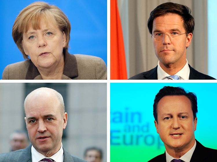 Merkel, Rutte, Cameron und Reinfeldt (im Uhrzeigersinn) treffen sich auf Reinfeldts Landsitz Harpsund.