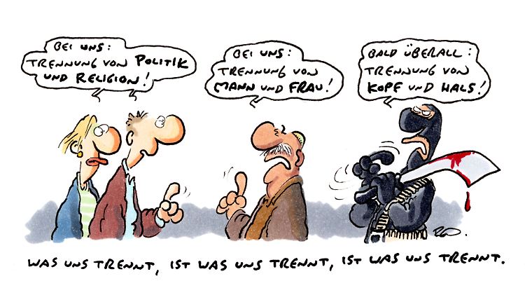Karikatur von Ralf König: "Was uns trennt, ist was uns trennt, ist was uns trennt – Karikaturenstreit".