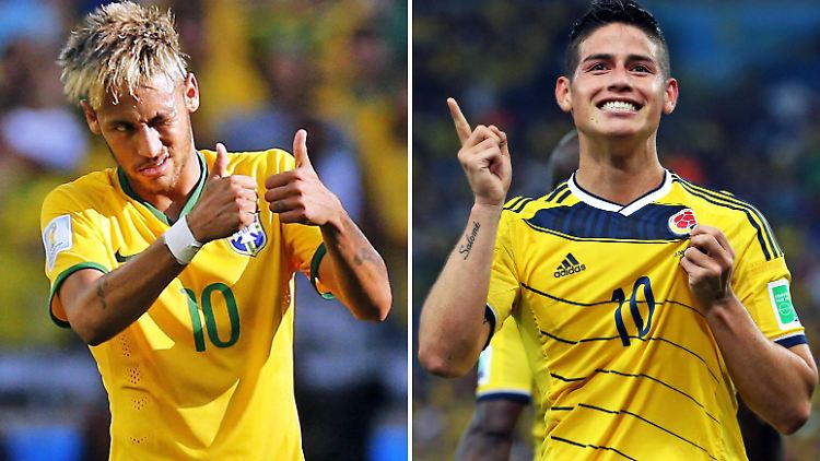 Treffen im WM-Viertelfinale zwischen Brasilien und Kolumbien aufeinander: Neymar (l.) und James Rodríguez.