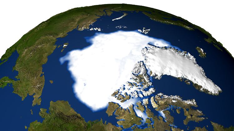 Der Klimawandel in der Arktis hat auch Vorteile - für Frachtschifffahrt und Rohstoffförderung, Die Satellitenaufnahme zeigt die Eisfläche am Nordpol.