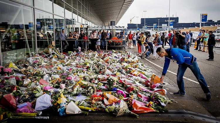 Am Amsterdamer Flughafen legt ein Mann Blumen nieder. Dort war das Flugzeug gestartet.