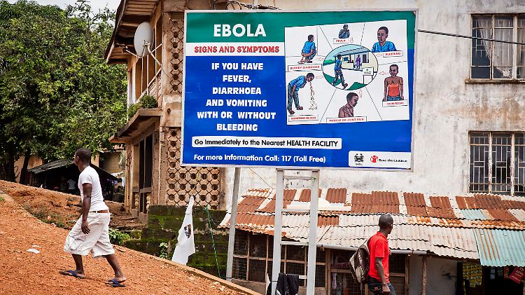 Eine große Tafel in Freetown in Sierra Leone klärt über Ebola-Symptome auf und gibt Hygiene-Hinweise.