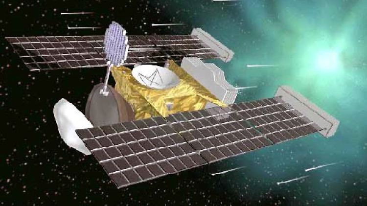 Die NASA-Sonde Stardust fliegt am 2. Januar 2004 nah am Kometen "Wild 2" vorbei und sammelt dabei Sternenstaub ein (Computergrafik).
