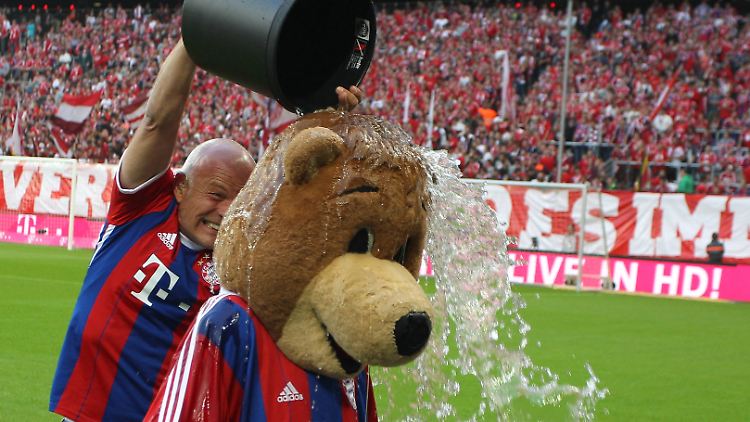 Diese Wasserdusche galt nicht dem ungeliebten Trikot - Bayern-Maskottchen Bernie wurde für die "ALS Eis Bucket Challenge" nominiert.