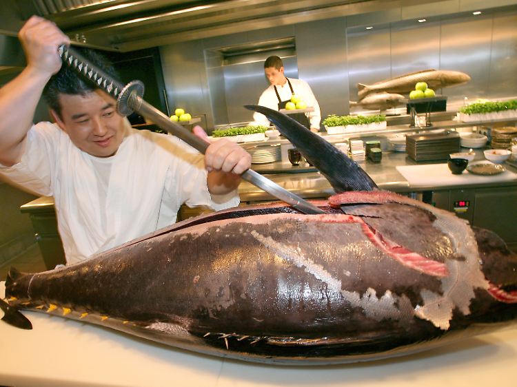 Ein Sushimeister zerlegt auf traditionelle Art und Weise, mit einem Samurei-Schwert einen Thunfisch.