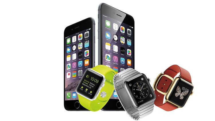 Das iPhone 6, das iPhone 6 Plus und die Apple Watch in drei Varianten.