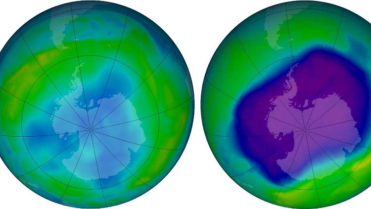 Vergleich der Ozonschicht über der Antarktis 2006 (r.) und 2013: Das in Blautönen dargestellte Loch hat sich binnen sieben Jahren deutlich geschlossen.