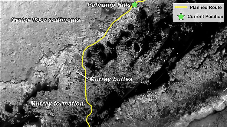 "Curiosity" auf dem Mars: die gelbe Linie zeigt die geplante Route des Rovers, der grüne Stern die Position am 11. September 2014.