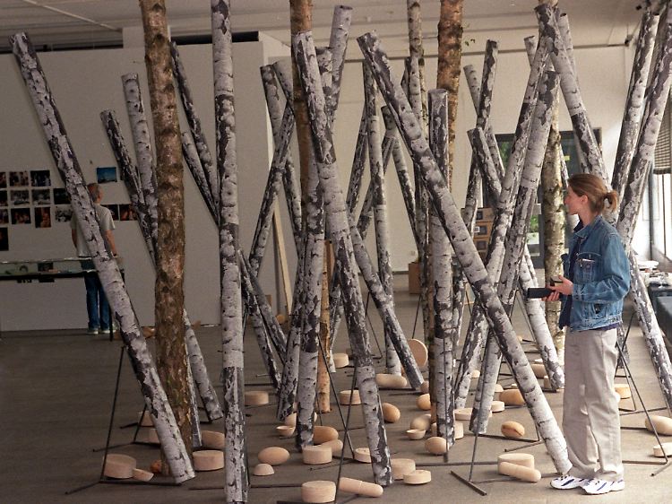 Objekt von Martin Kippenberger "Jetzt geh ich in den Birkenwald, denn meine Pillen wirken bald" (1998 in der Kunsthalle Köln)