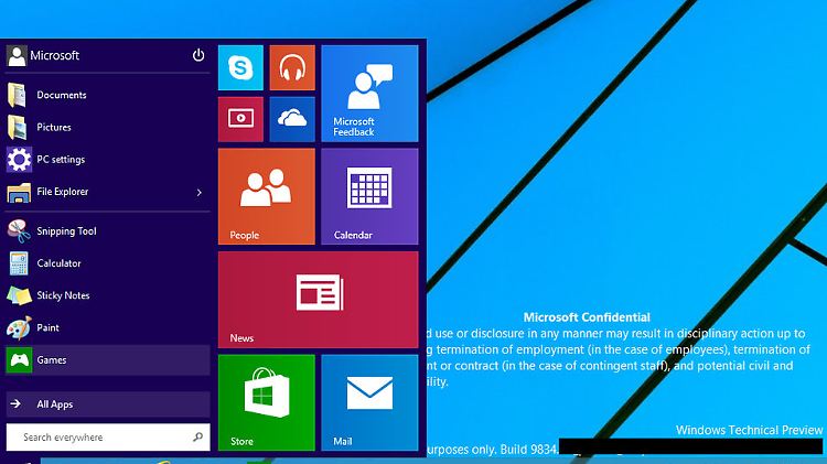 So sieht das neue Startmenü der "Windows Technical Preview" aus.