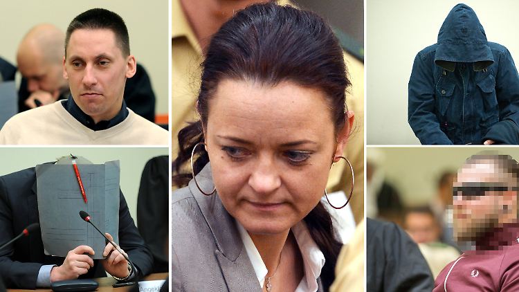 Die Angeklagten im NSU-Prozess: Beate Zschäpe (M.), der NPD-Funktionär Wohlleben (oben links), Holger G. (unten links), Carsten S. (oben rechts) und Andre E. (unten rechts).