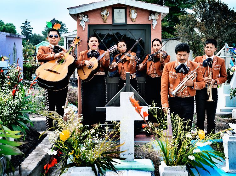 Mariachi-Band im Männer-Frauen-Mix: Am "Día de los Muertos" (Tag der Toten) singen sie auch zwischen Gräbern - wenn die Angehörigen der Toten das wollen.