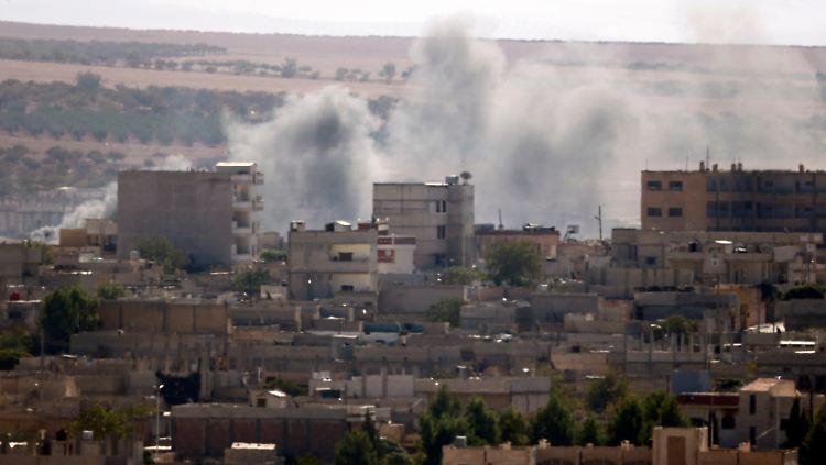 Blick über die türkisch-syrische Grenze nach Kobane.