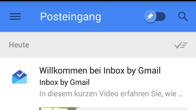 Schnell eund einfach: Schiebt man den Pin-Schalter nach rechts, listet Inbox fixierte E-Mails auf.