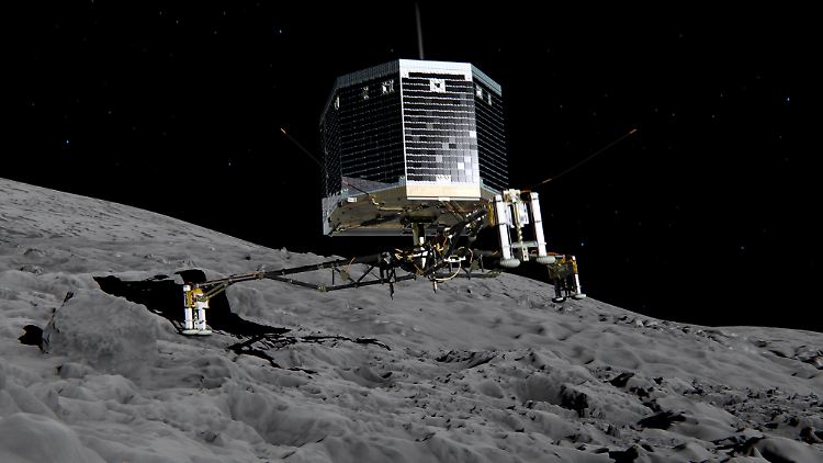 So soll "Philae" idealerweise aufsetzen. Sollte allerdings eines seiner Landebeine auf einen dicken Brocken treffen, besteht die  Gefahr, dass er umkippt.