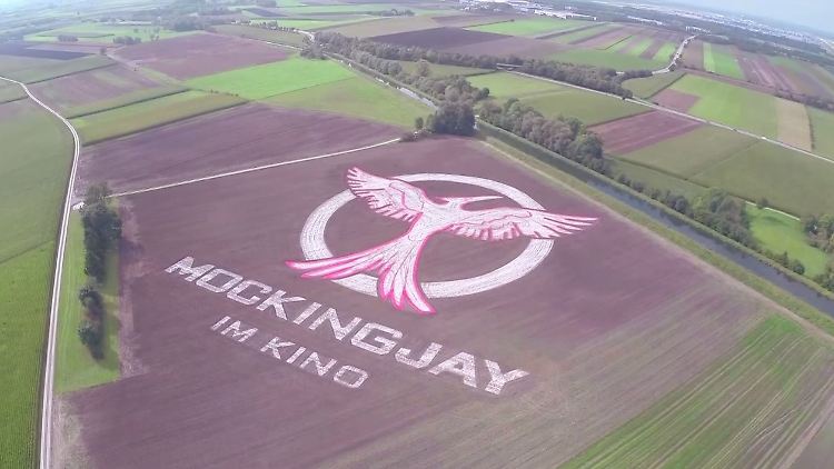 Für den dritten "Tribute von Panem"-Film wirbt ein gigantisches Logo auf einem bayrischen Acker.