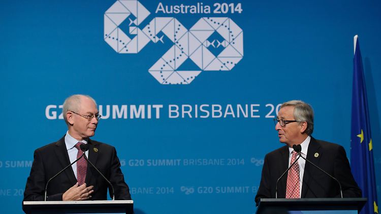 Gut gelaunt: Herman van Rompuy (l.) und Jean-Claude Juncker bei einer Pressekonferenz in Brisbane.