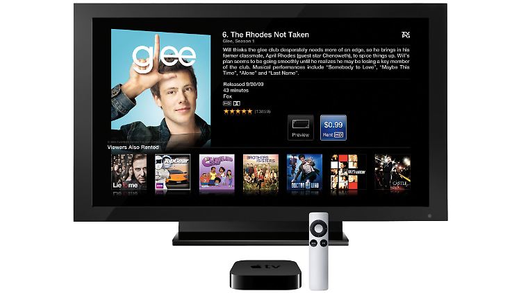 Apple TV ist die schlichte schwarze Box vorm Fernseher.