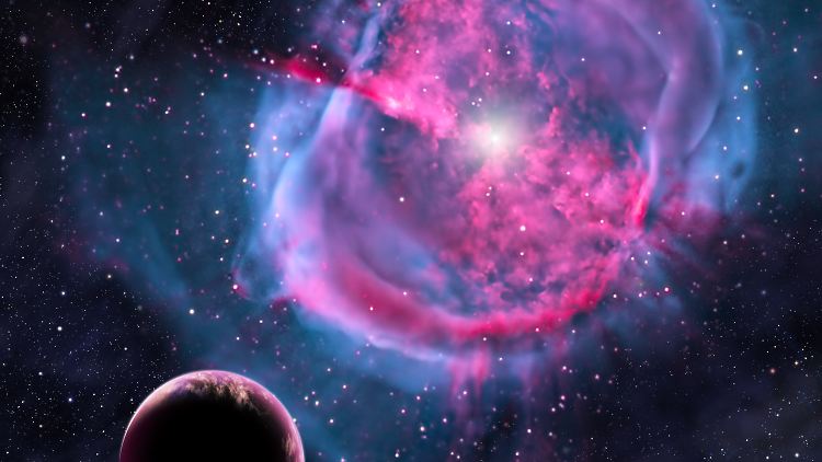 Grafik eines erdähnlichen Planeten, der um seine Sonne kreist.