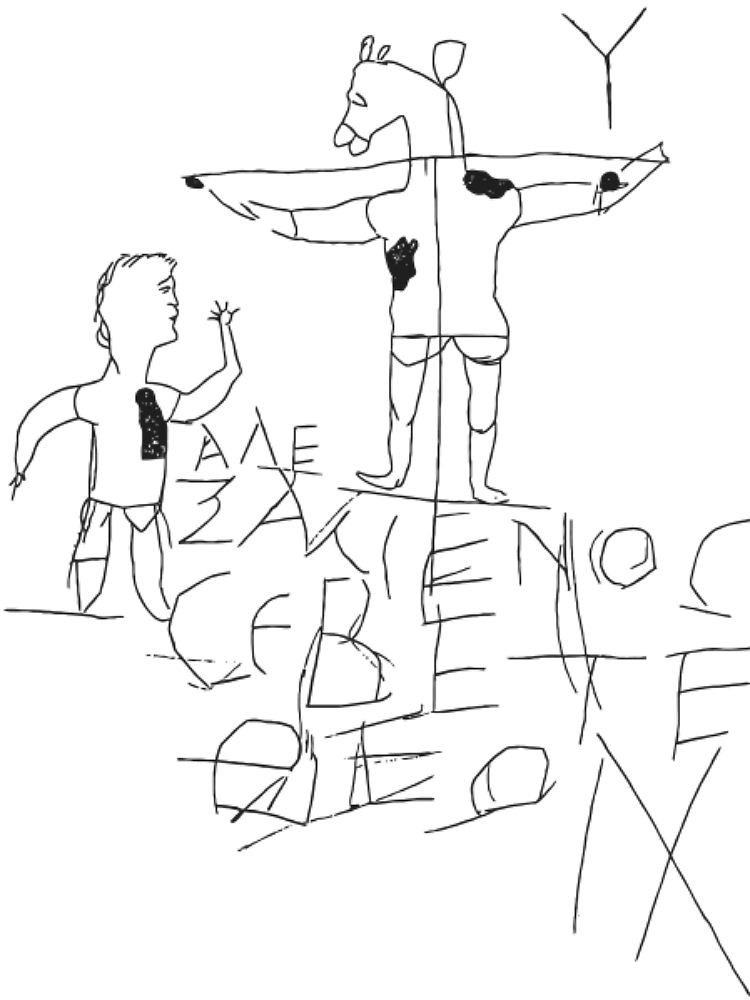 Ein Graffito aus dem 2. oder 3. Jahrhundert - frühe Christentumssatire. "Alexamenos betet seinen Gott an", steht da bei einer Abbildung eines Mannes, der einen gekreuzigten Esel anhimmelt.