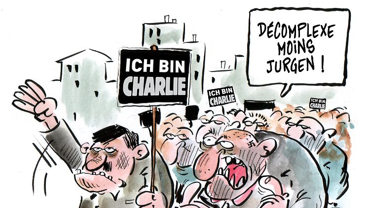 Auch Rechtsextreme wollen Charlie sein. "Weniger enthemmt, Jürgen", sagt der eine zu seinem Kollegen.