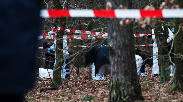 Kriminaltechniker sichern in dem Waldstück Spuren.
