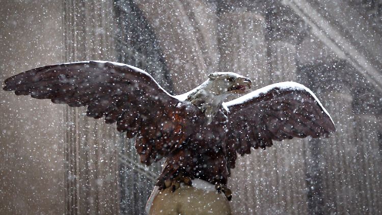 Der Adler ist das Wappentier der USA: Im Schneegestöber vor Grand Central Station in New York City macht der Raubvogel aus Stein einen verunsicherten Eindruck.