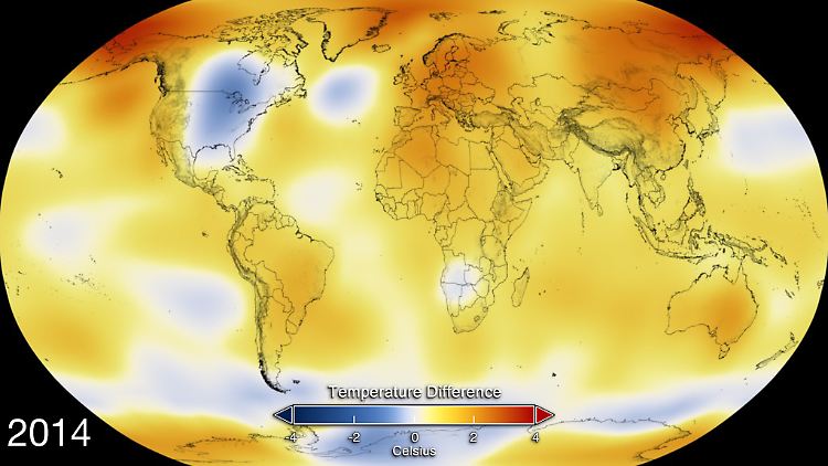 Die Karte zeigt die im vergangenen Jahr gemessenen Temperatur-Anomalien. Gegenüber dem Durchschnittswert im 20. Jahrhundert hat die globale Temperatur 2014 um 0,68 Grad Celsius zugelegt.