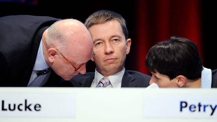 Muster, Lucke und Petry stecken die Köpfe zusammen.