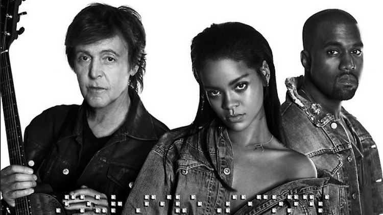 Für den Song "FourFiveSeconds" hat sich Rihanna mit Paul McCartney (l.) und Kanye West zusammengetan.