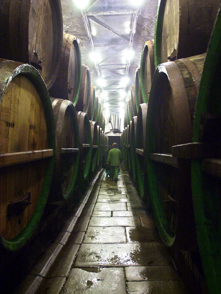 Traditionelle Holzfässer im Keller der "Pilsner Urquell"- Brauerei in Pilsen.