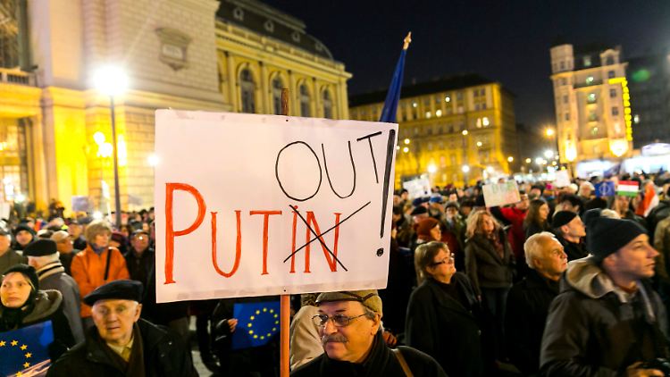 Demonstranten protestierten in Budapest gegen den jüngsten Besuch von Wladimir Putin. 