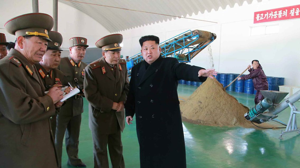 Diktator Kim Jong Un, mit Gefolge