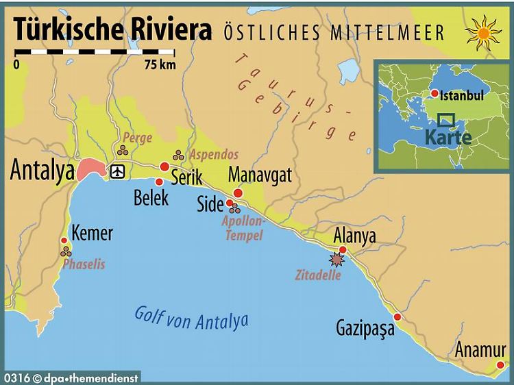 Eines der beliebtesten Mittelmeer-Reiseziele der Deutschen: Die Türkische Riviera mit Antalya und Alanya ist nicht zuletzt wegen ihrer Strände attraktiv.