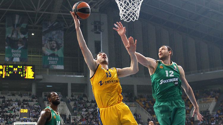 Marko Banic (l.) von Alba Berlin zieht zum Korb.