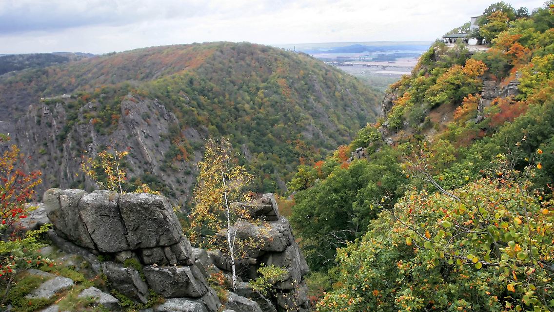 Blick in das eingeschnittene Tal des Flusses Bode am nördlichen Harzrand bei Thale. Um 300 Meter überragen die Felsen der Roßtrappe (l) und der des Hexentanzplatzes (r) den Hirschgrund.