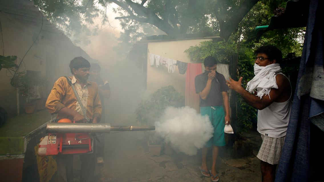 Sprühaktion gegen Malaria und Dengue übertragende Mücken in Neu Delhi.