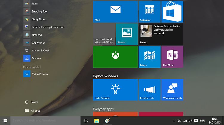 Das Start-Menü der Windows 10 Pro Technical Preview Build 10061.