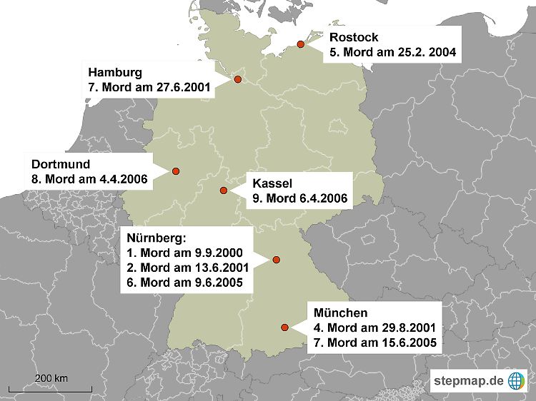 Die Tatorte des NSU (ohne den Mord an Michèle Kiesewetter und ohne das Nagelbombenattentat von Köln).