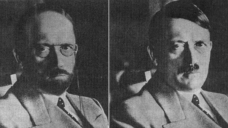 Der US-Geheimdienst spekulierte bereits 1944, wie Hitler auf der Flucht aussehen könnte: ohne Bärtchen und Scheitel, aber mit Brille. 1945 wurde das Bild in Deutschland verteilt, weil unklar war, ob Hitler wirklich tot war.