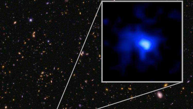 Foto des Keck Observatoriums auf Hawaii der Galaxie mit der Katalognummer EGS-zs8-1. Es ist die bislang fernste Galaxie von der Erde aus gesehen.
