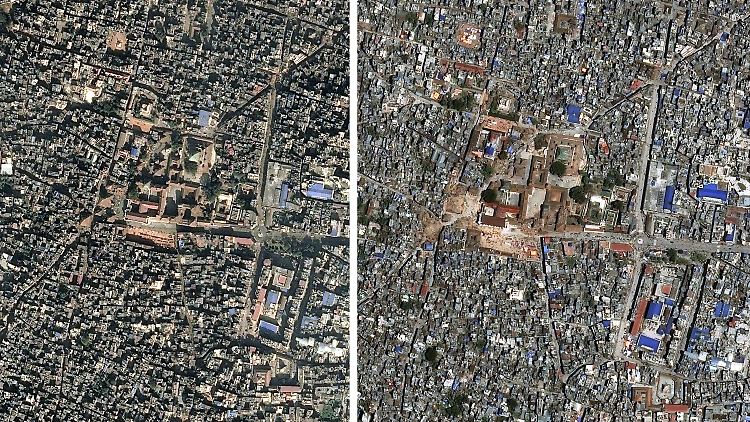 Satellitenbilder von Kathmandu vor und nach Erdbeben am 25. April 2015.