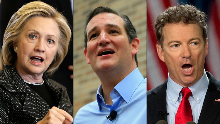 Hillary Clinton (v.l.) kämpft gegen ihre Konkurrenz von den Republikanern: Ted Cruz und Rand Paul wollen Präsidentschaftskandidat werden.