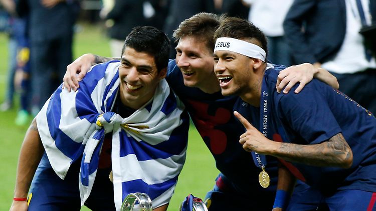 Barcelonas gefürchtetes Offensivtrio aus Südamerika: Luis Suarez (Uruguay), Lionel Messi (Argentinien) und Neymar (Brasilien).