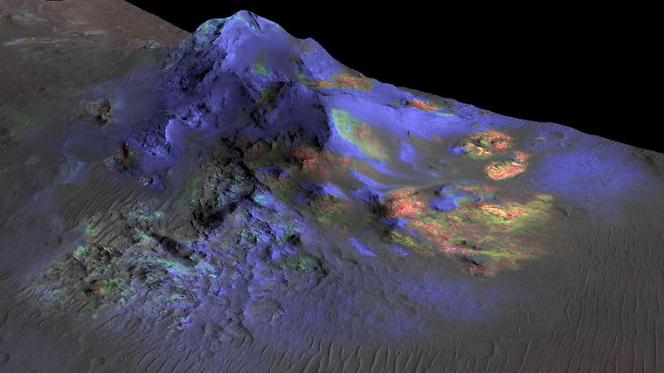 Der Alga-Krater auf dem Mars - auch hier haben die Forscher Glas nachgewiesen. Die grün eingefärbten Flächen zeigen, wo.