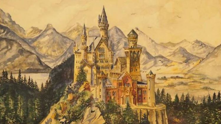 Aquarell, signiert mit A. Hitler, "Neuschwanstein - zum 80. Geburtsfest Herrn geheimen Kommerzienrat Otto von Steinbeis"