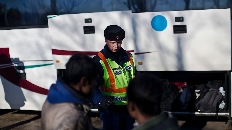 Ein ungarischer Grenzpolizist spricht mit zwei Flüchtlingen an der ungarisch-serbischen Grenze.