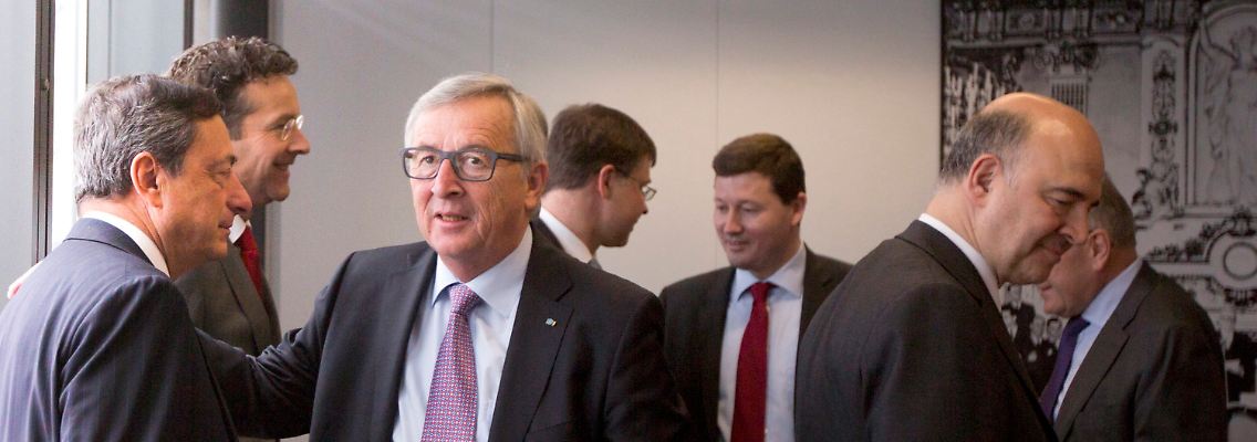 Draghi, Dijsselbloem, Juncker und Moscovici (v.l.) im Hauptquartier der EU-Kommission in Brüssel.